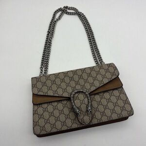 Gucci Beige and Brown Shoulder Bag with Silver Chain